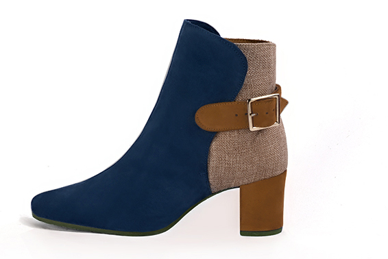 Navy blue, tan beige and caramel brown women's ankle boots with buckles at the back. Square toe. Medium block heels. Profile view - Florence KOOIJMAN